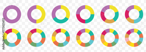 Pie charts diagram set. Circle pie charts 1,2,3,4,5,6,7,8,9,10,11,12 sections. Wheel round segment infographic part. Circle section graph. Pie charts diagrams. On Transparent Background. EPS 10.