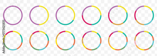 Pie chart color icons. Pie chart sign. Circle section graph. Wheel round diagram parts. Statistical Chart and Diagram Icons – Colorful Data Infographic Pack On Transparent Background. EPS 10.