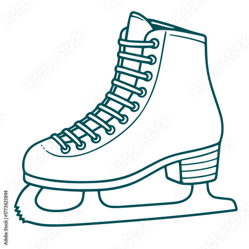 llustration of a classic ice skate boot with laces and blade in clean teal line art style