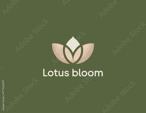 A sophisticated logo featuring a stylized lotus flower in a smooth wooden finish on a green background, symbolizing purity, beauty, and tranquility in design.