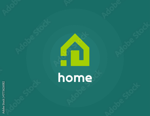 An icon representing a house surrounded by a green color scheme and complemented by 'home' text, showcasing a fresh, modern approach to home branding.