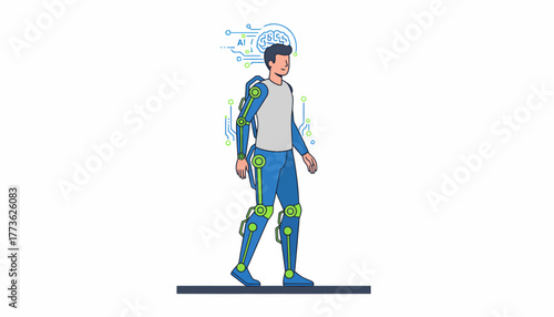 A robotic exoskeleton enabling a person with mobility challenges to walk illustrating assistive technology powered by AI.