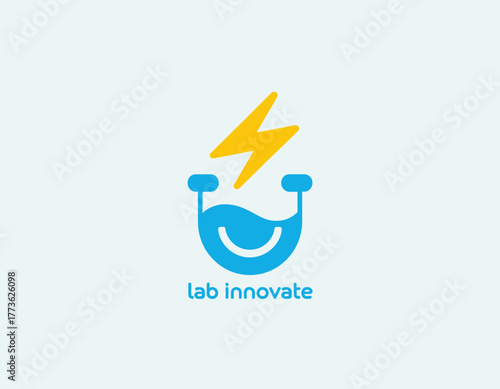 Displayed is a playful logo design for 'Lab Innovate', depicting an expressive character with a lightbulb, representing creativity, fun, and innovation in technology.