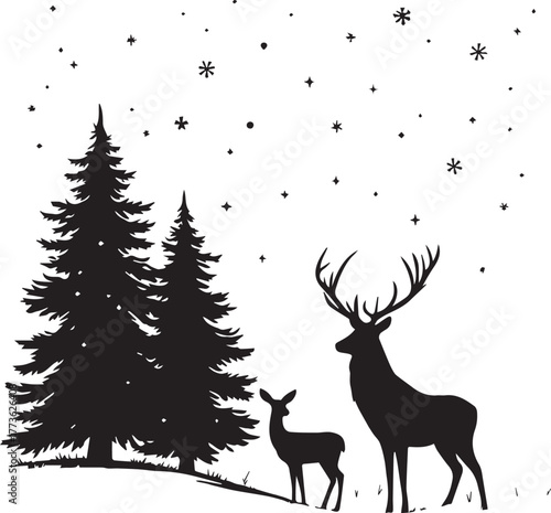 Winter forest silhouette with two deer, pine trees, stars, and snowflakes in peaceful black-and-white style