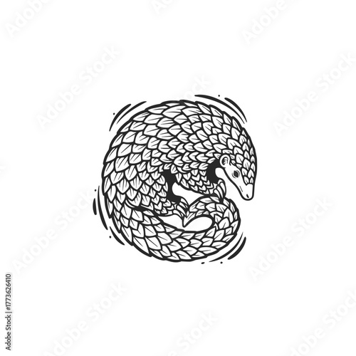 Stylized Pangolin Curled Up Black and White Illustration.