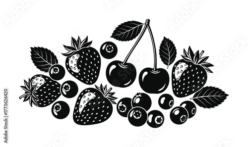Fresh berries and cherries arranged artistically in a delightful monochrome composition.