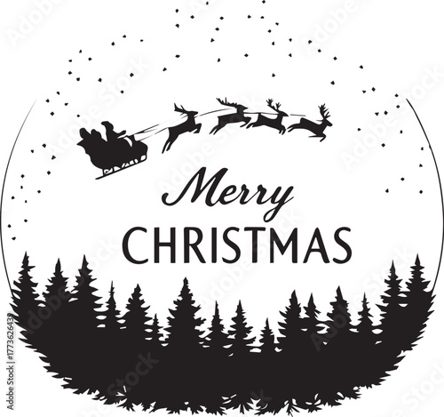 Christmas silhouette illustration with Santa sleigh, reindeer, pine forest, stars, and festive text