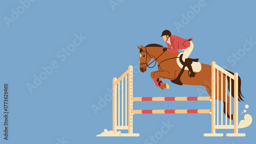 A horse jumping over a hurdle with a rider set against a light blue background in a cartoon style