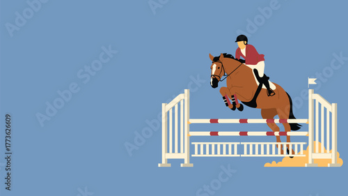 A horse and rider jumping over a white and red striped fence on a light blue background vector image
