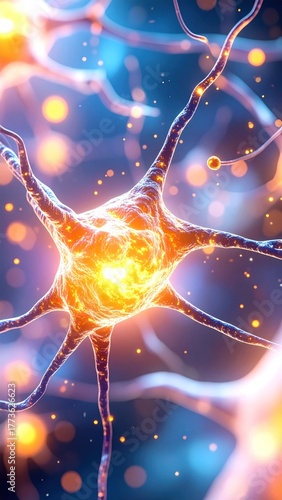 Close-up view of a vibrant neuron cell with glowing particles