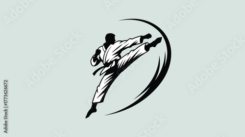 A silhouette of a person in a karate uniform performing a kick with a curved line behind them