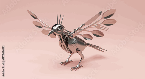 Conceptual digital art featuring a whimsical bird sculpture ingeniously formed from reflective kitchen utensils, including a polished teapot and whisk, on a soft pastel background