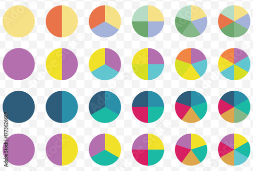 Set of colorful pie charts. Colorful pie charts with varying segments. Circle section graph. Pie chart set. Pie charts diagrams. Different color circles. donut and pie chart infographic elements set.