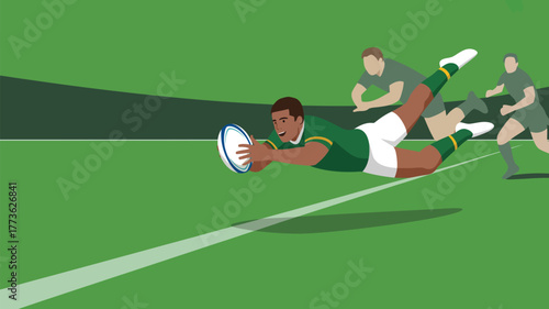 A rugby player diving to catch the ball with teammates running on a green field with a dark green wall