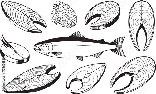 Salmon Steaks Caviar: Fresh Seafood Fillets Illustration Culinary Delights