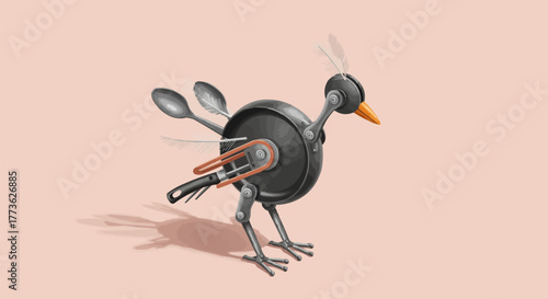 Whimsical illustration of a creative bird art piece constructed entirely from common kitchen utensils and cookware on a light pastel background