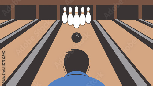 A bowler about to throw a ball down the lane towards bowling pins in a bowling alley scene
