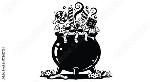 Witches cauldron overflowing with spooky Halloween candy and treats