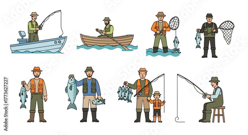 Flat Vector Illustrations of People Fishing | Angling Hobby & Outdoor Activities
