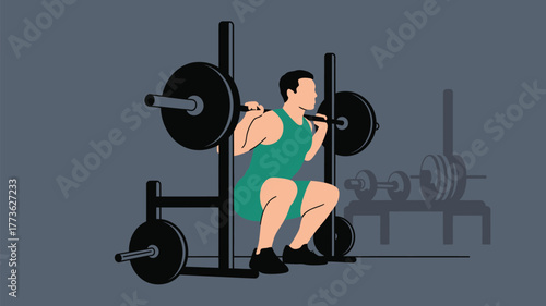 Illustration of a man performing a barbell squat in a squat rack at the gym with weights around