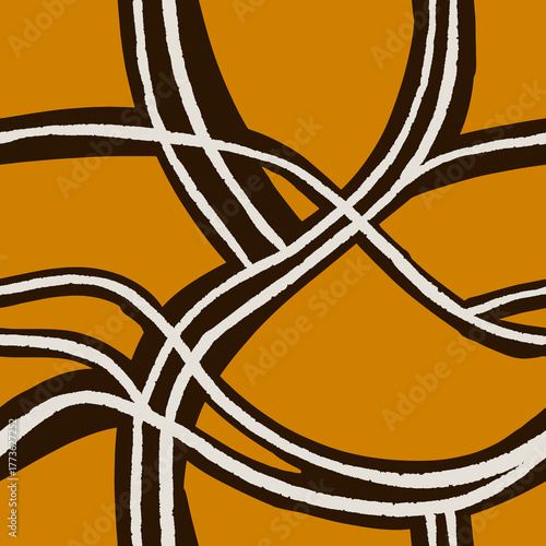 Abstract Curved Line Pattern in Warm Ochre Tones, Mid-Century Modern Style. Creative brush strokes warm tones dashed texture 