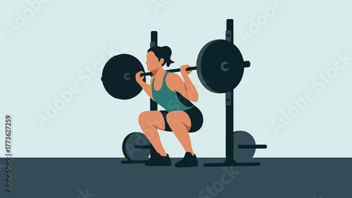 Woman doing a barbell squat exercise with a weight rack in a gym fitness training illustration