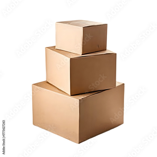 A stack of three cardboard boxes of varying sizes, isolated on a transparent background, representing shipping, storage, and delivery