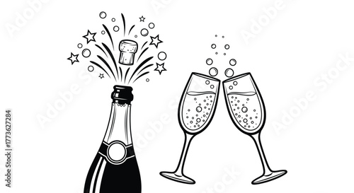 Celebratory champagne bottle popping cork with sparkling glasses for a toast.