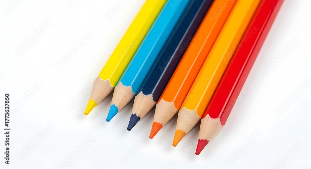 Fototapeta premium Colorful sharpened pencils arranged in a vibrant rainbow gradient on a clean white background for art and creativity.