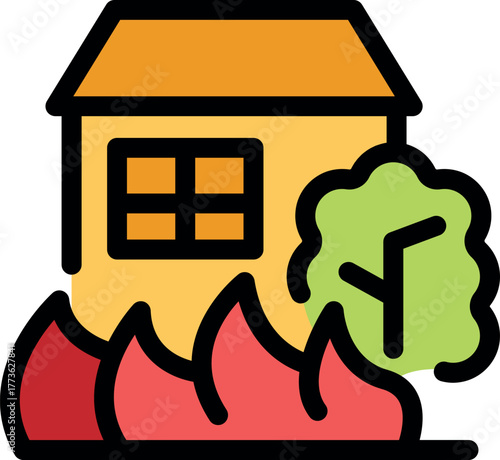 Flames engulfing a house with a tree in the foreground, depicting a fire emergency