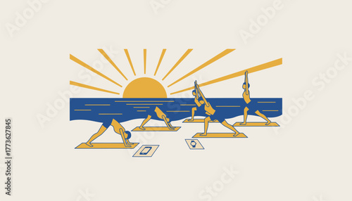 A sunrise yoga class on a beach where participants have left their devices on towels fully immersed in the peaceful moment.