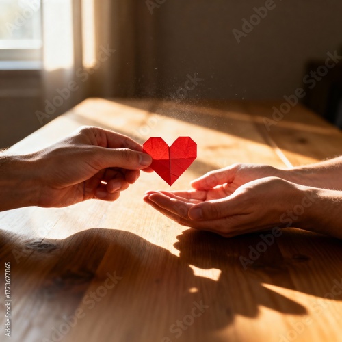Obraz na płótnie World Kindness Day
Warm symbolic image showing one pair of hands offering a red paper heart to another pair under natural daylight