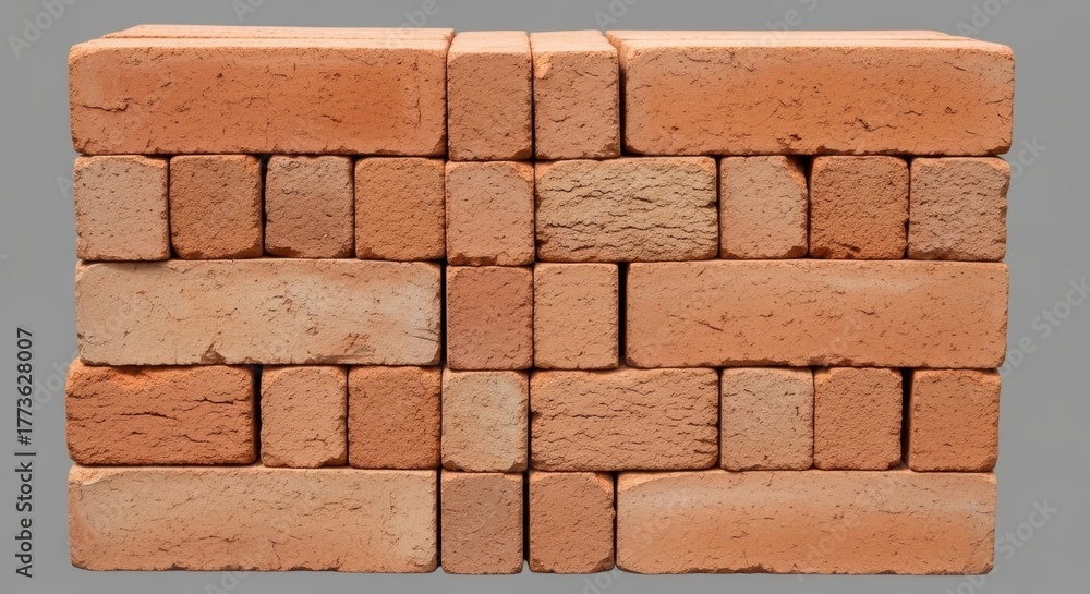 Obraz premium Front view of a perfectly stacked wall of new red clay bricks, isolated on a grey background. A construction and building material concept for the housing industry.