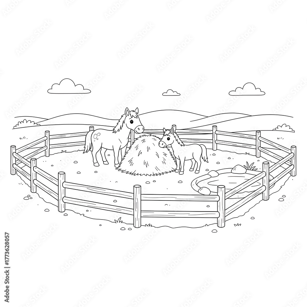 Fototapeta premium Horses paddock farm shows peaceful countryside landscape coloring page