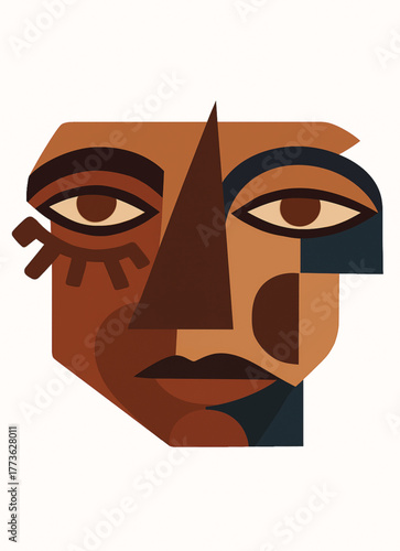 Modern Cubist and Abstract African Tribal Art Style Vector Face Portrait with Geometric Shapes and Earth Tone Color Palette