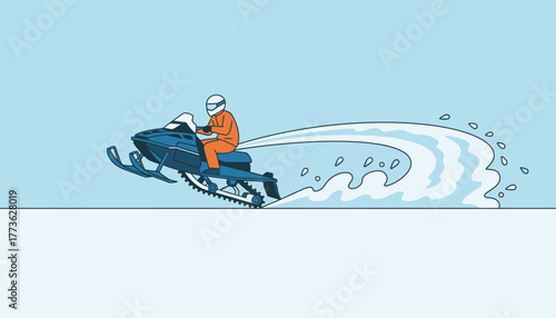 A snowmobiling enthusiast speeds across an open field trails of snow erupting behind them in the bright afternoon light.