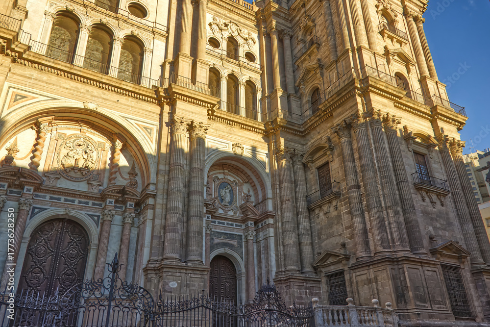 Naklejka premium Facade details of the Cathedral of the Incarnation in Málaga’s historic center, Spain.