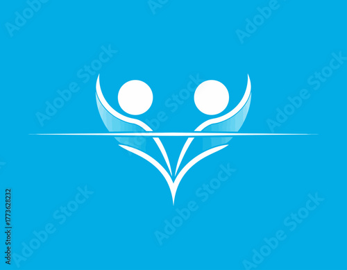 This image features a modern design combining silhouettes of two people with stylized wings, showcasing themes of connection, support, and positivity in a bright blue background.