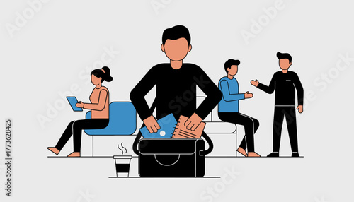 A freelancer packing a bag with a laptop and notepad preparing for a day of coworking in a shared space illustrating the social side of freelancing.