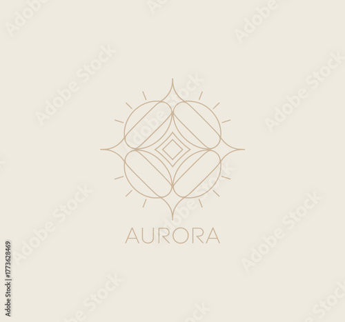 A delicate and symmetrical logo design featuring the word 'Aurora,' evoking feelings of brightness and beauty, suitable for branding in wellness or beauty sectors.