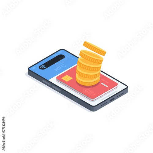 An isometric vector smartphone with a bank card on the screen and falling coins, in color on a white background, cashless payment for services and goods using NFC technology.