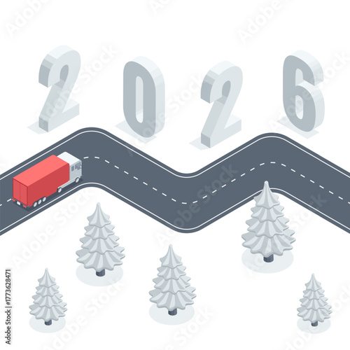 Isometric vector concept with road and truck passing by large numbers 2026, in color on a white background, the coming New Year or logistics and cargo transportation