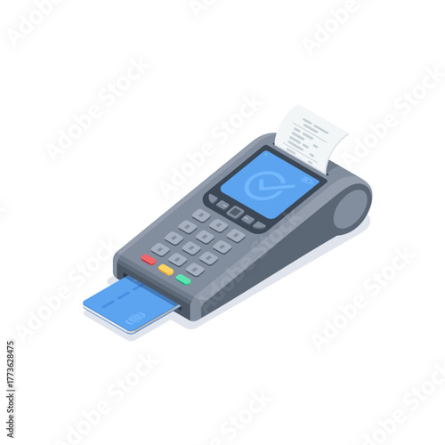 Isometric vector payment terminal with a plastic card and a receipt, in color on a white background, cashless payment for services and goods through the terminal