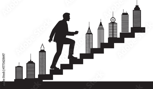 Man walking up stairs made of city buildings silhouette career growth vector