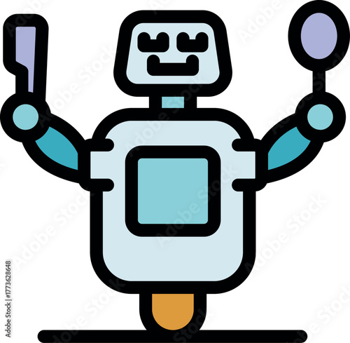 Cartoon illustration of a robot chef holding a knife and a spoon, preparing to cook a meal