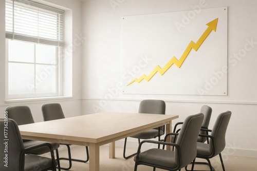 Minimalist meeting room with grey chairs and golden growth arrow on wall symbolizing success