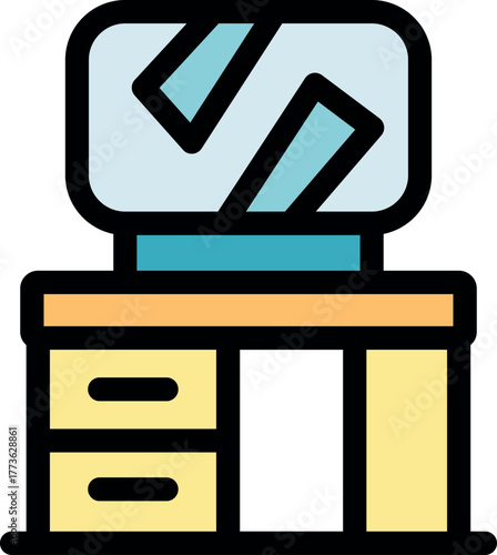 Modern dressing table with mirror and drawers is standing in room