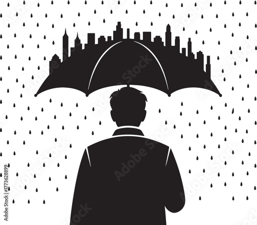 Modern urban man with cityscape umbrella in rain abstract black silhouette illustration