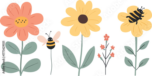 Beautiful nature illustration of a happy bee on a vibrant yellow flower with floral spring design and leaf pattern