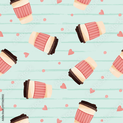 Cup of coffee with a heart. Watercolor seamless pattern on a white background in pastel colors for textiles and wrapping paper. Cute illustration 